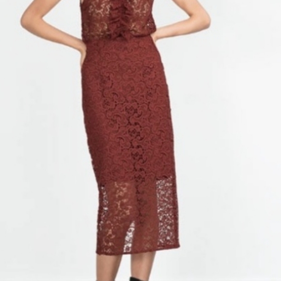 Zara Dresses & Skirts - Zara Lace Eyelet Rust Midi Pencil Skirt size small